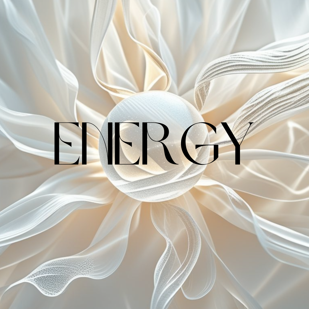 Glowing sphere with a light swirl with the word “Energy.”