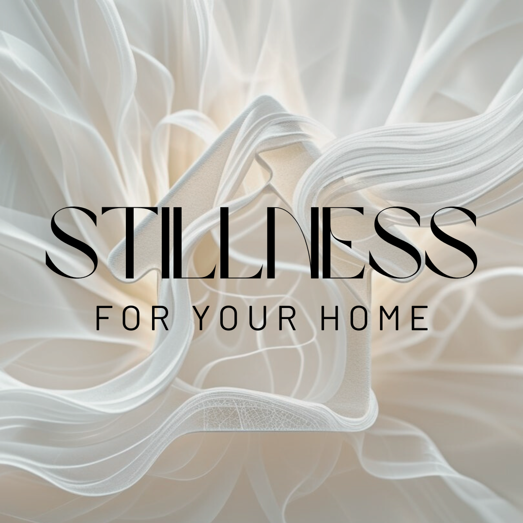Soft abstract white fabric artwork with the text “Stillness for Your Home.”